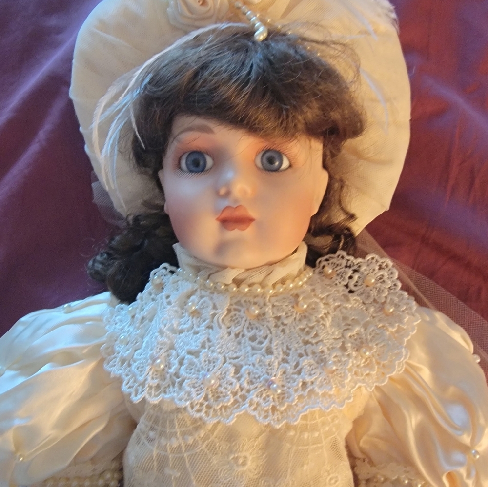 Vintage Porcelain Doll with Lace and Pearls